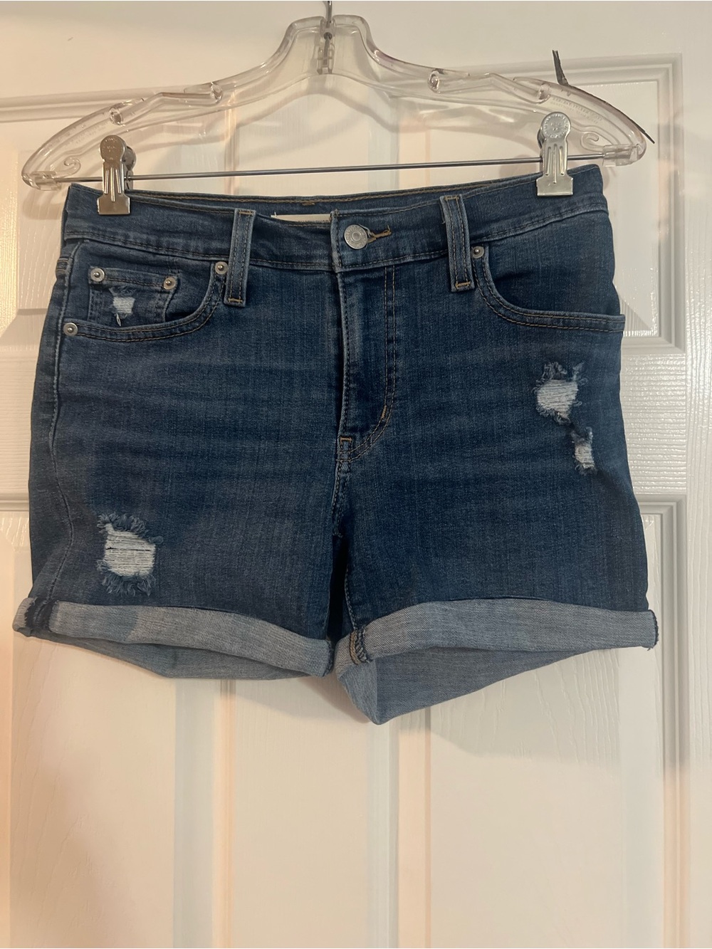 Levi's Dark Blue Distressed Rolled-Cuff Denim Shorts